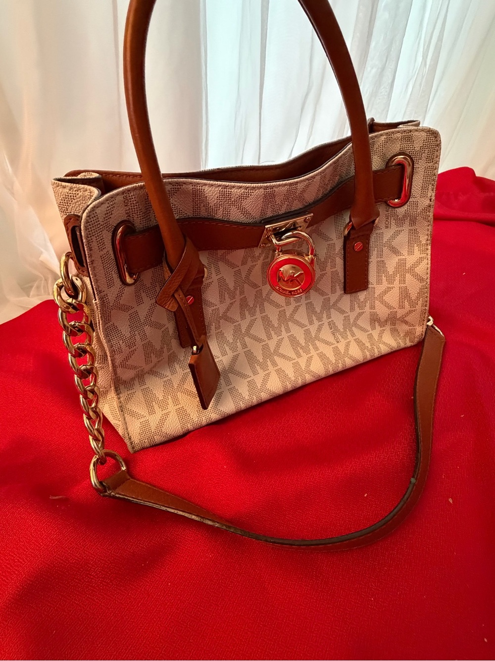 Michael Kors Vanilla Signature Satchel with Brown Trim and Gold Hardware